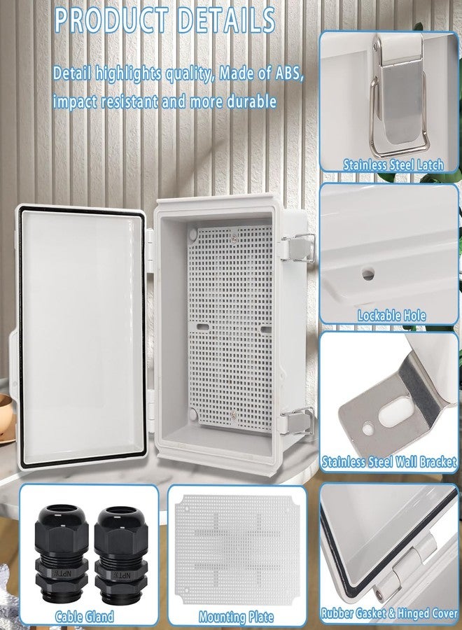 Zulkit Junction Box,IP67 Waterproof Electrical Box Hinged Cover Stainless Steel Latch Plastic Enclosure for Project with Mounting Plate Wall Bracket and 2 Cable Gland Grey 8.7"x6.7"x4.3"/220x170x110mm - Image 4